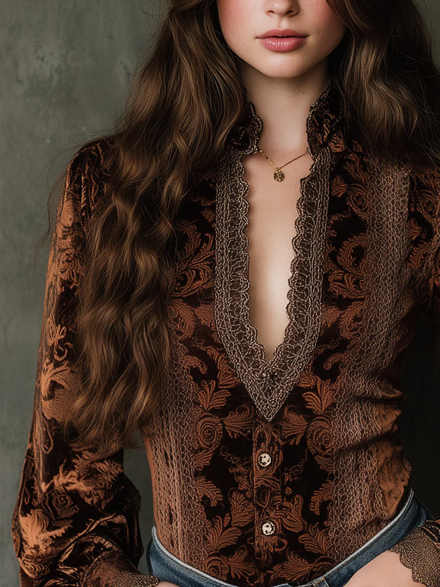 Vintage Printed Lace Trim Poly Velvet Blouse - Image 2