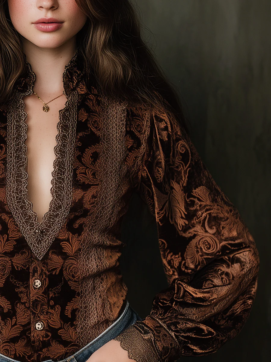 Vintage Printed Lace Trim Poly Velvet Blouse - Image 5