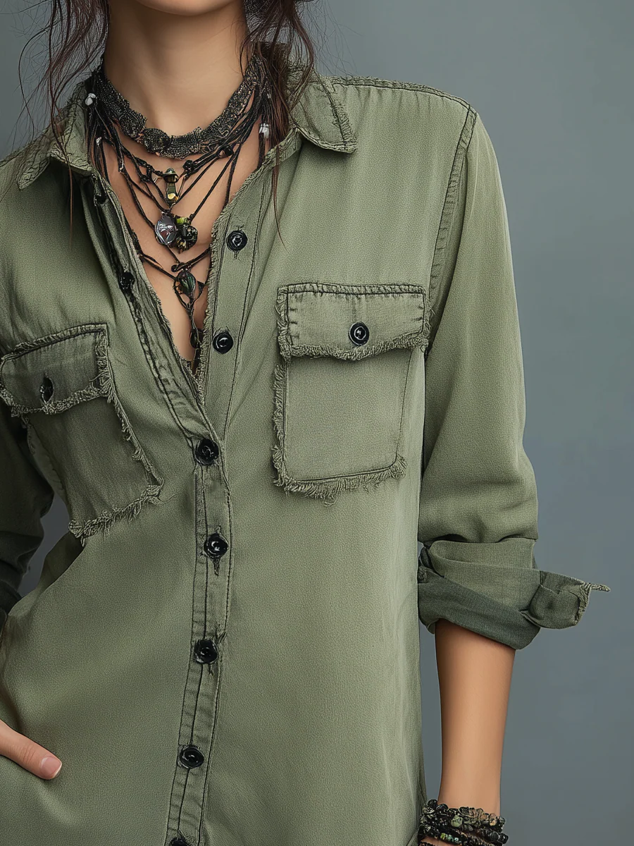 Vintage Raw Edge Long Sleeve Washed Blouse - Image 3