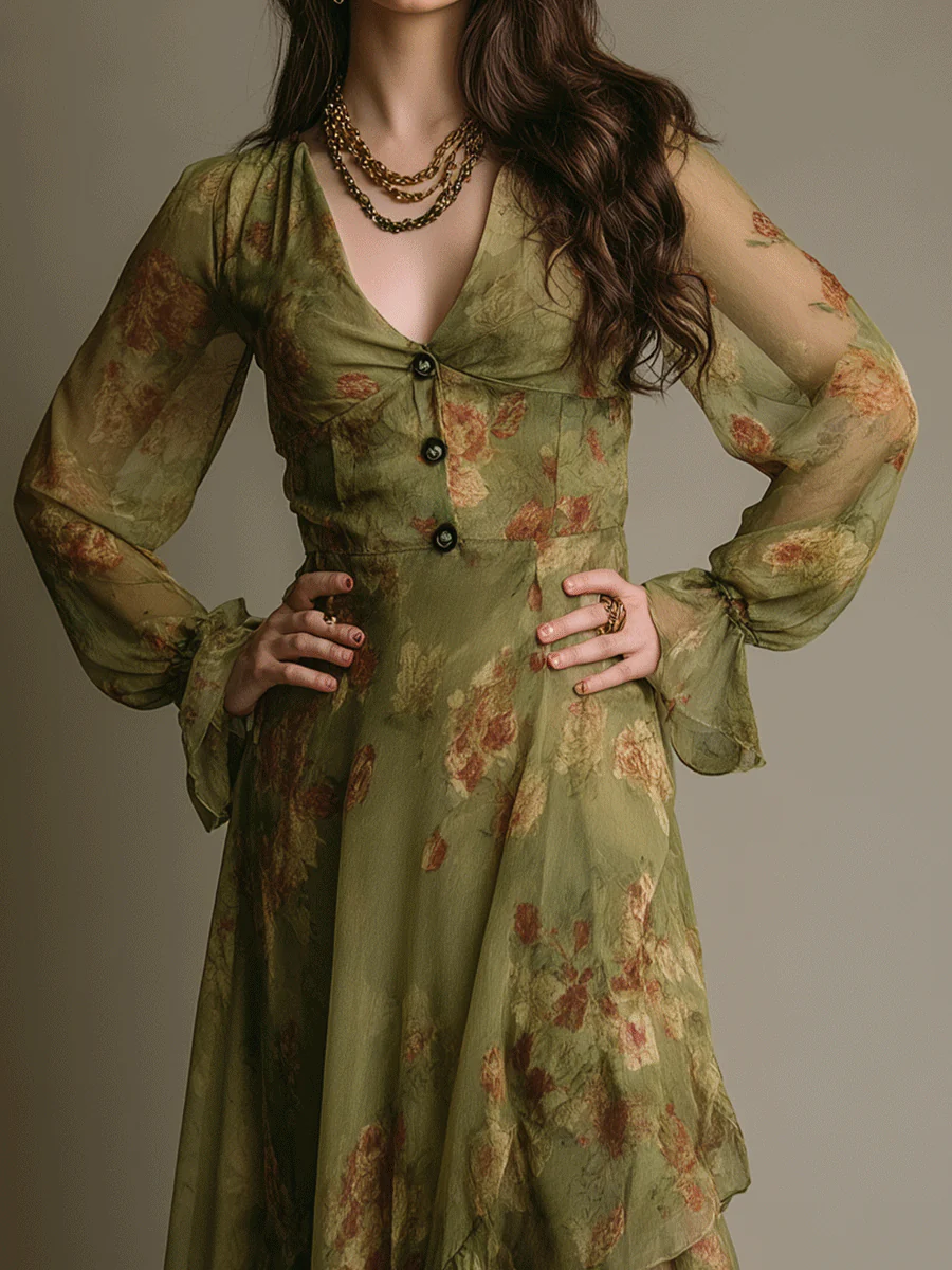 Vintage Romantic Boho Green Ruffle Hem Maxi Dress - Image 2