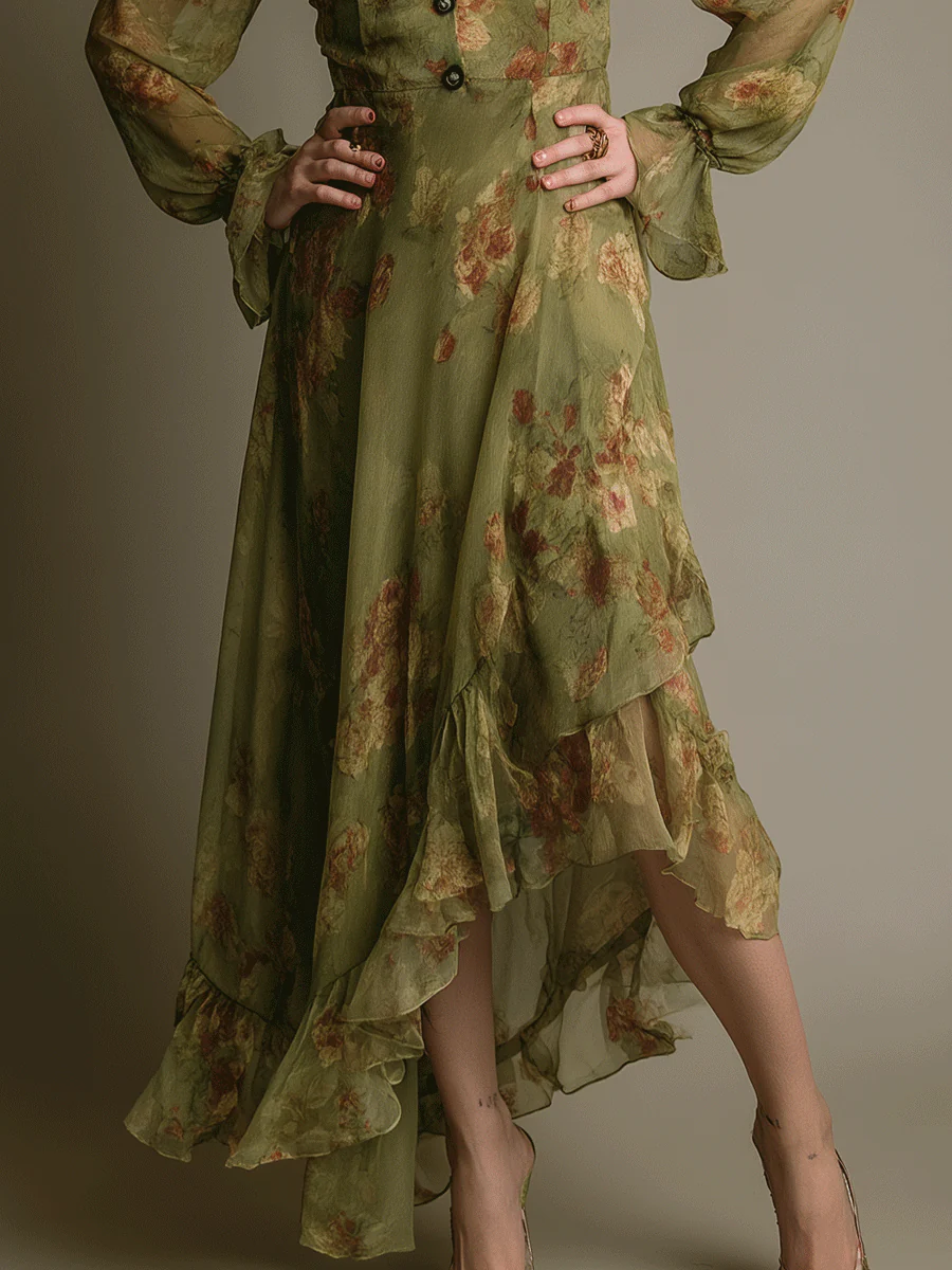Vintage Romantic Boho Green Ruffle Hem Maxi Dress - Image 3