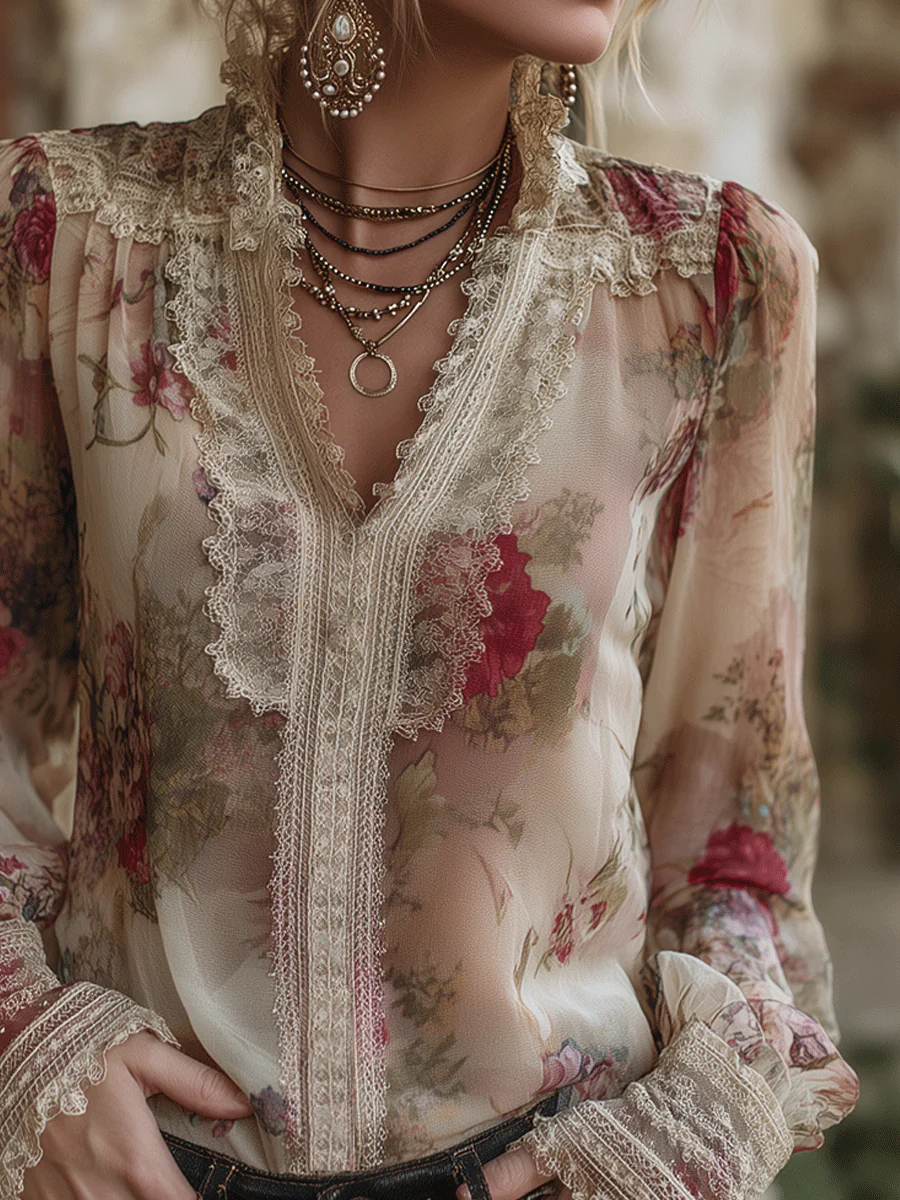 Vintage Romantic Lace-Trim Floral Chiffon Blouse - Image 2