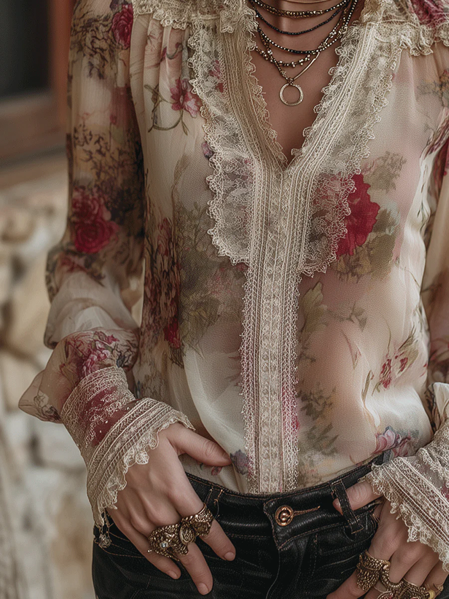 Vintage Romantic Lace-Trim Floral Chiffon Blouse - Image 3