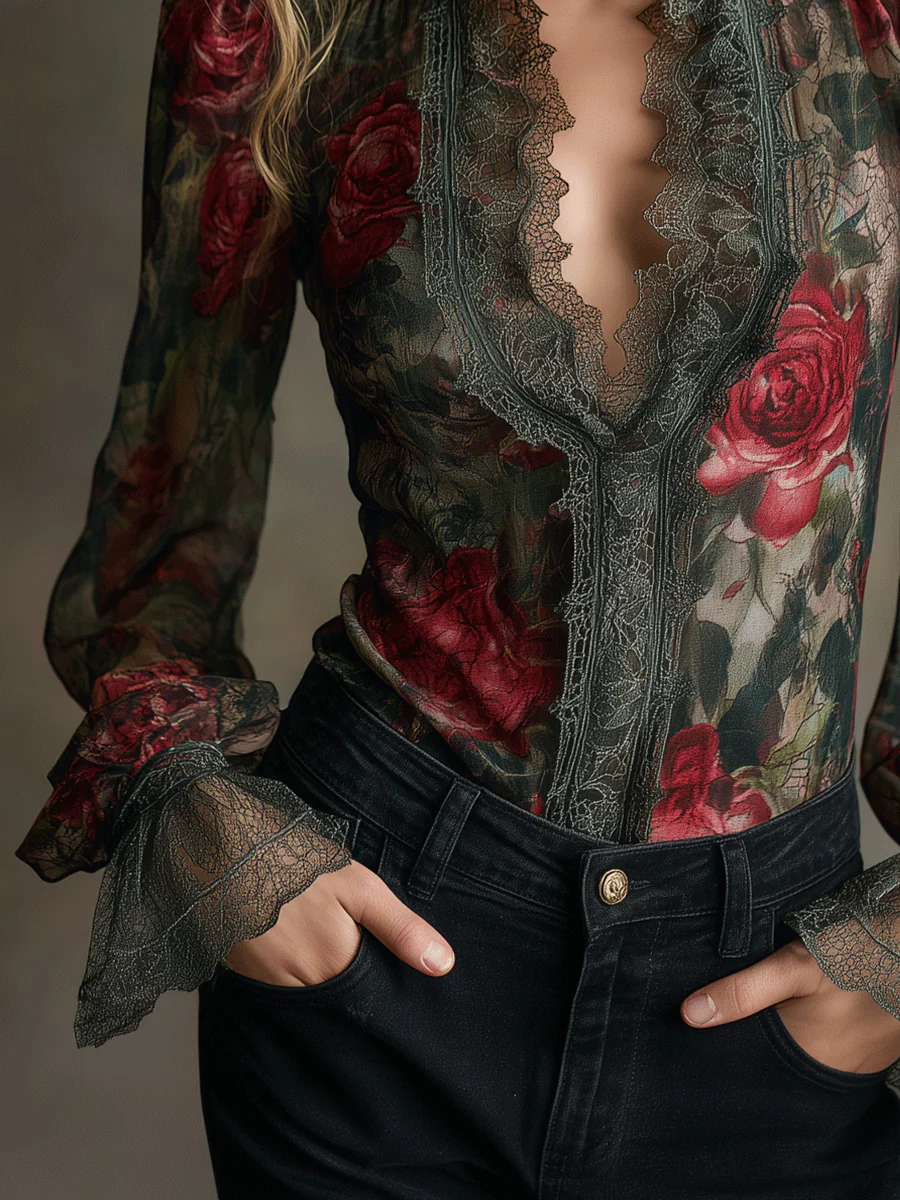 Vintage Romantic Rose Floral Lace Sheer Blouse - Image 3