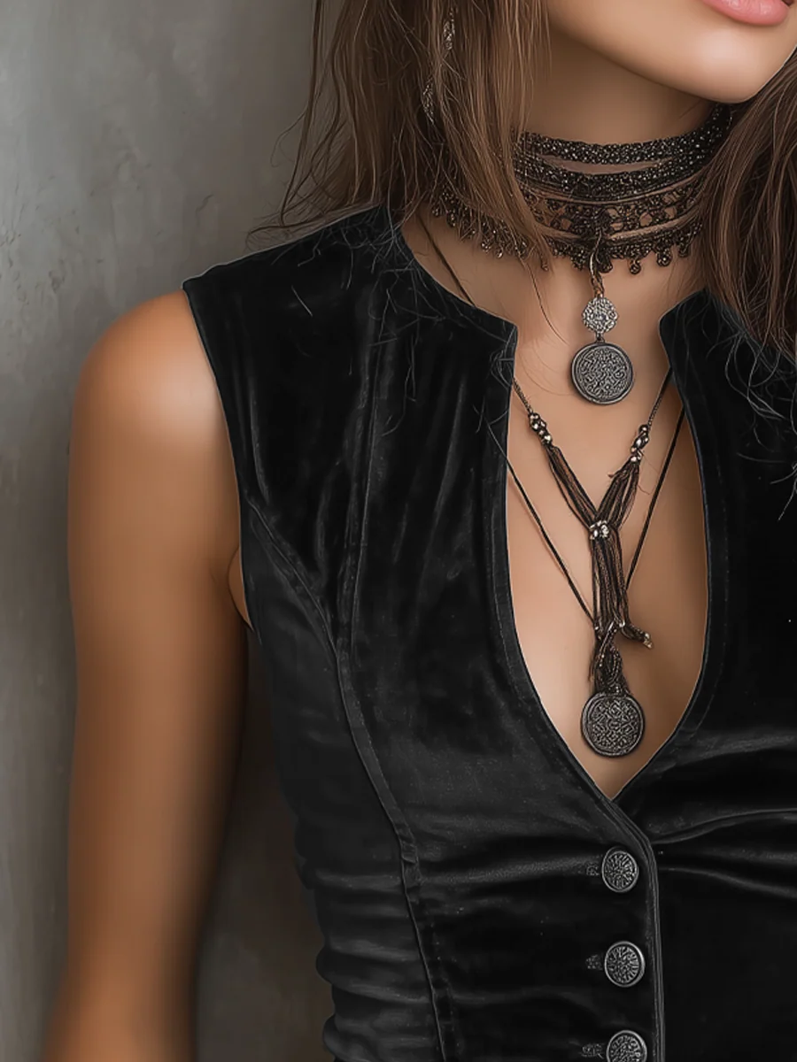 Vintage Round V-Neck Velvet Vest - Image 2