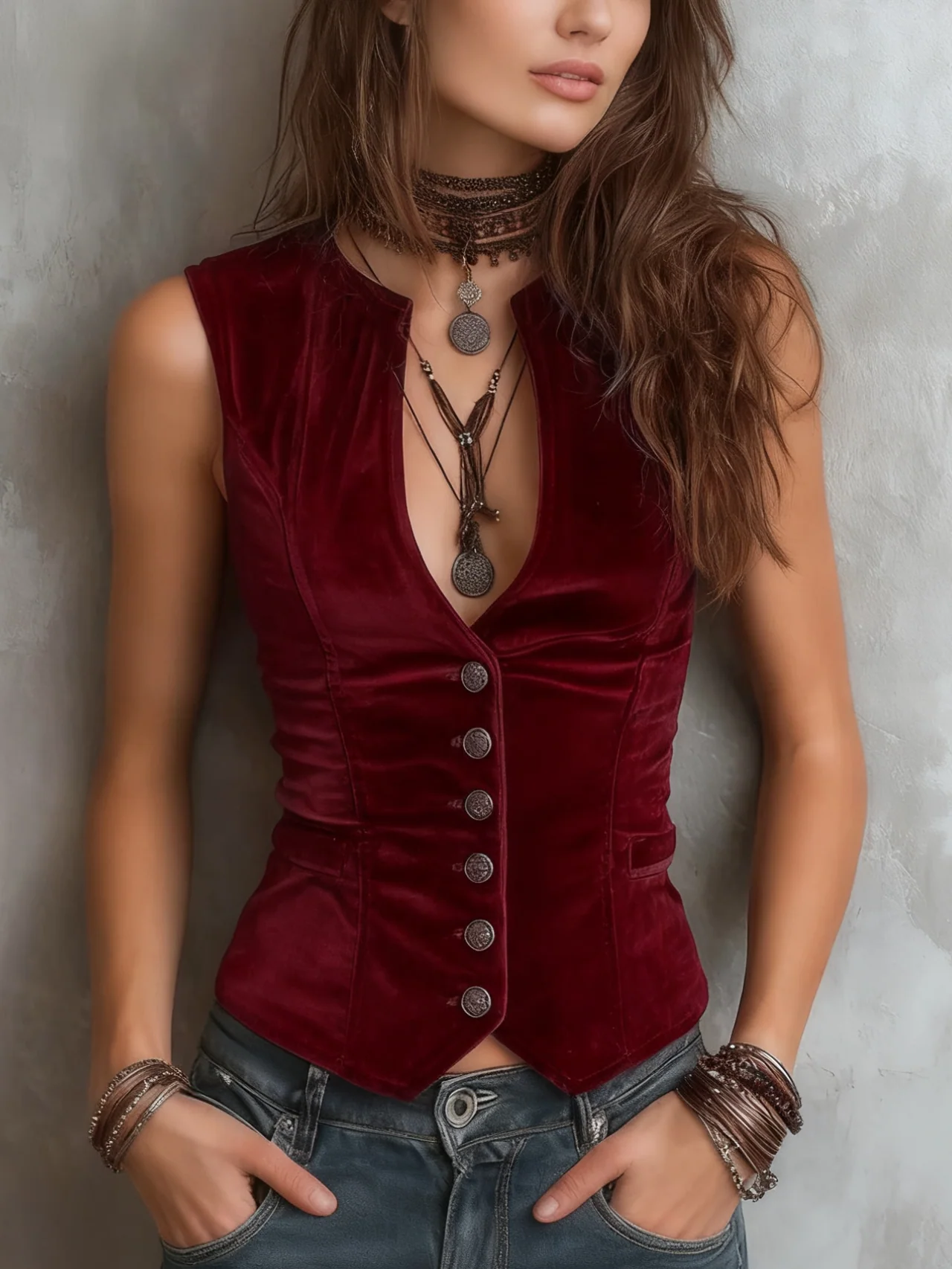 Vintage Round V-Neck Velvet Vest - Image 5