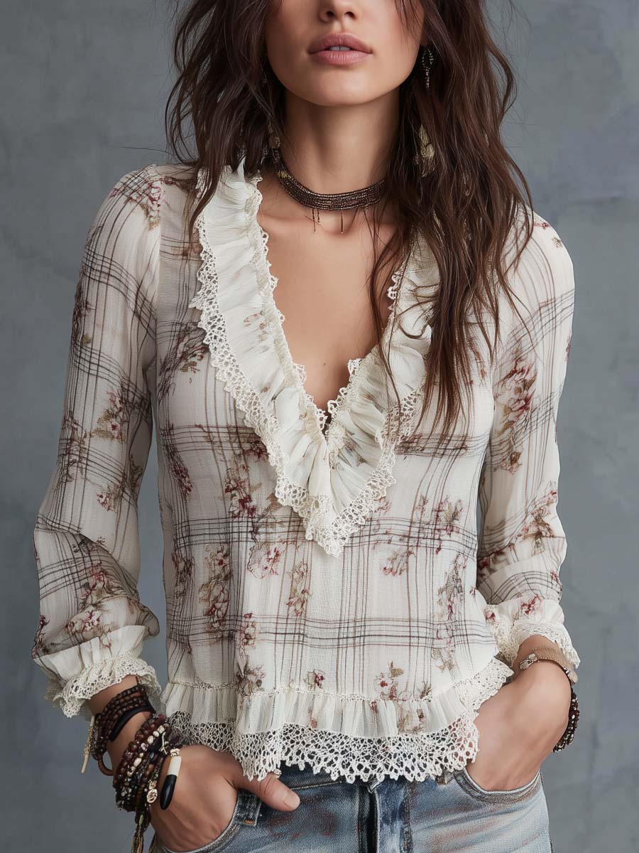 Vintage Ruffle Lace Floral Plaid Chiffon Blouse