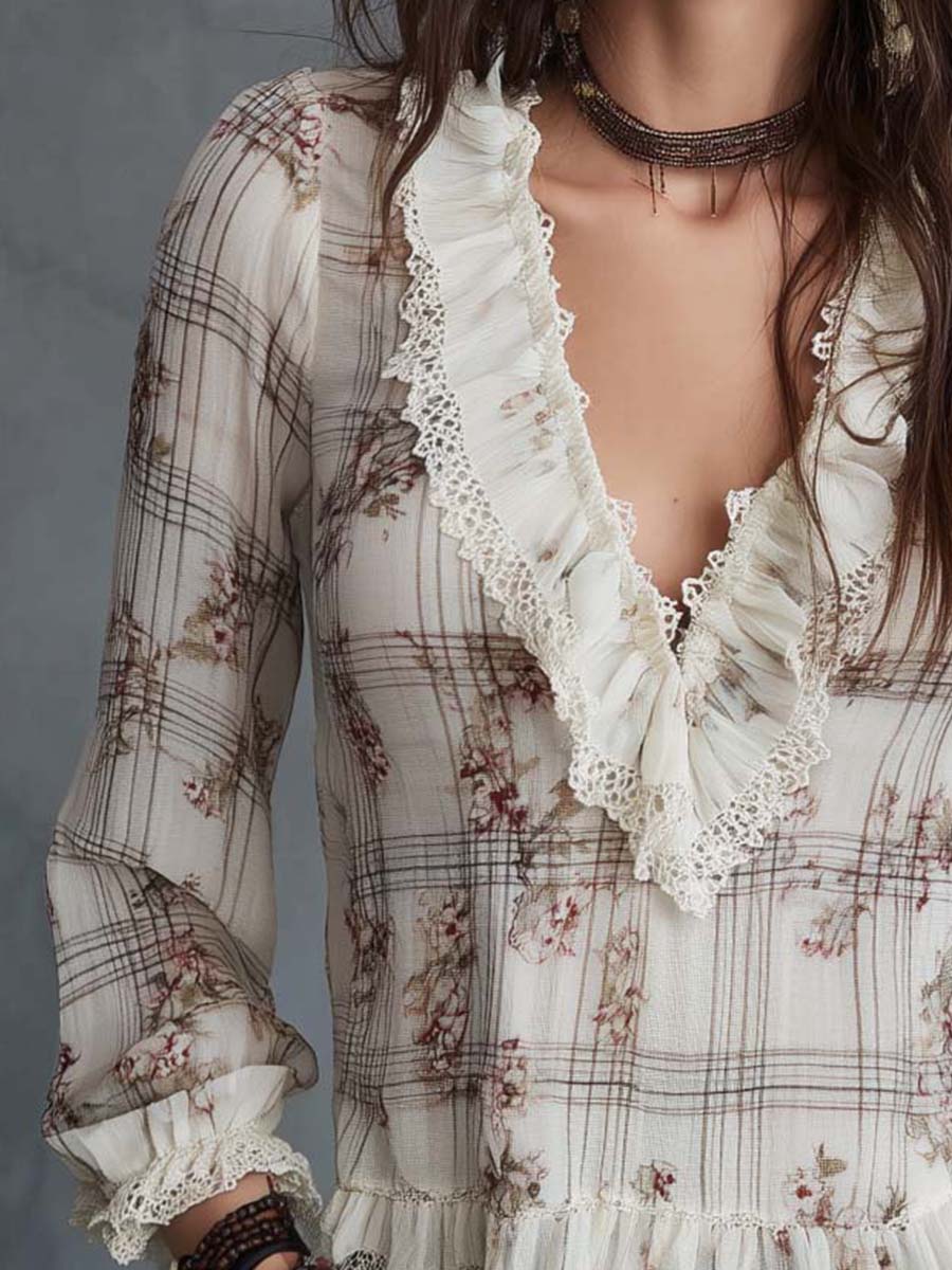 Vintage Ruffle Lace Floral Plaid Chiffon Blouse - Image 2