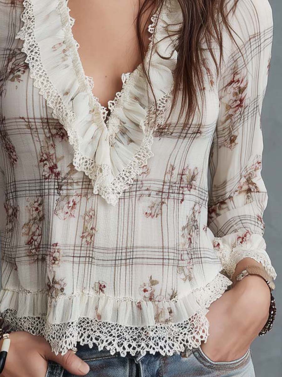Vintage Ruffle Lace Floral Plaid Chiffon Blouse - Image 3
