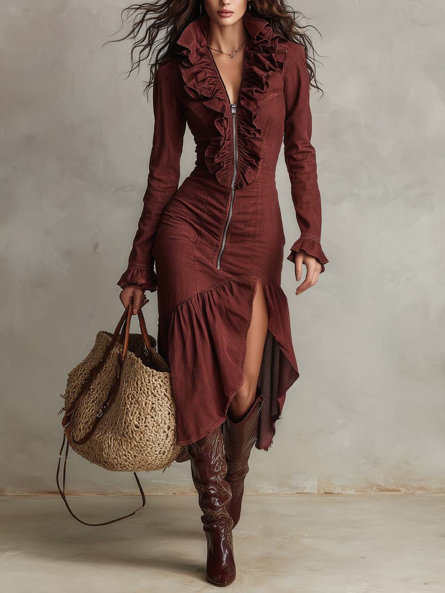Vintage Ruffle Zip-Front Asymmetric Midi Dress