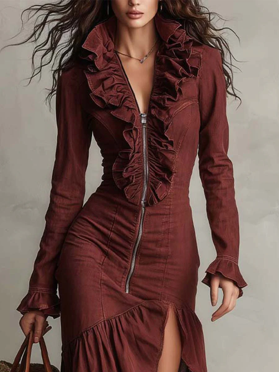 Vintage Ruffle Zip-Front Asymmetric Midi Dress - Image 2