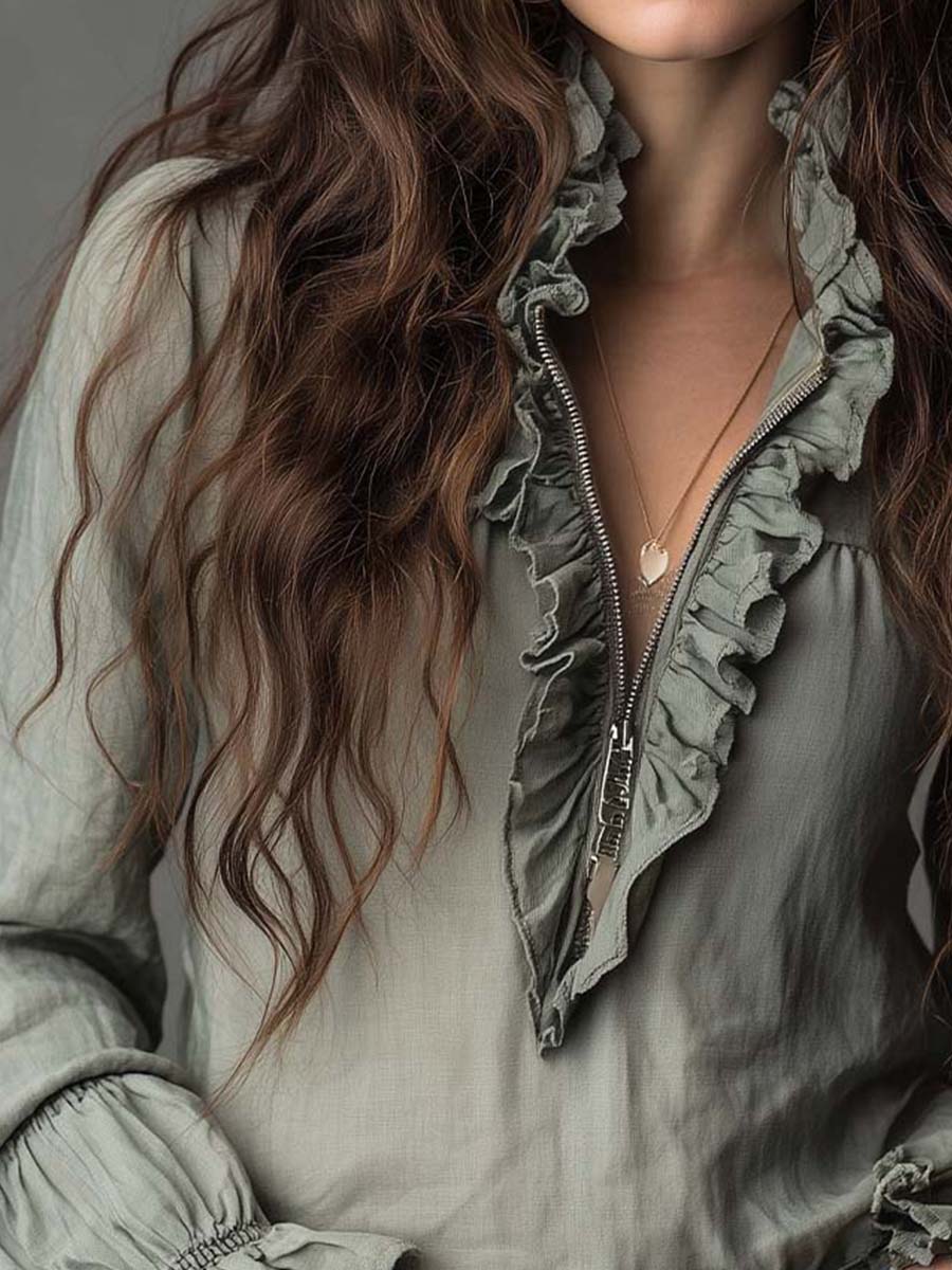 Vintage Ruffled Half-Zip Boho Blouse - Image 2