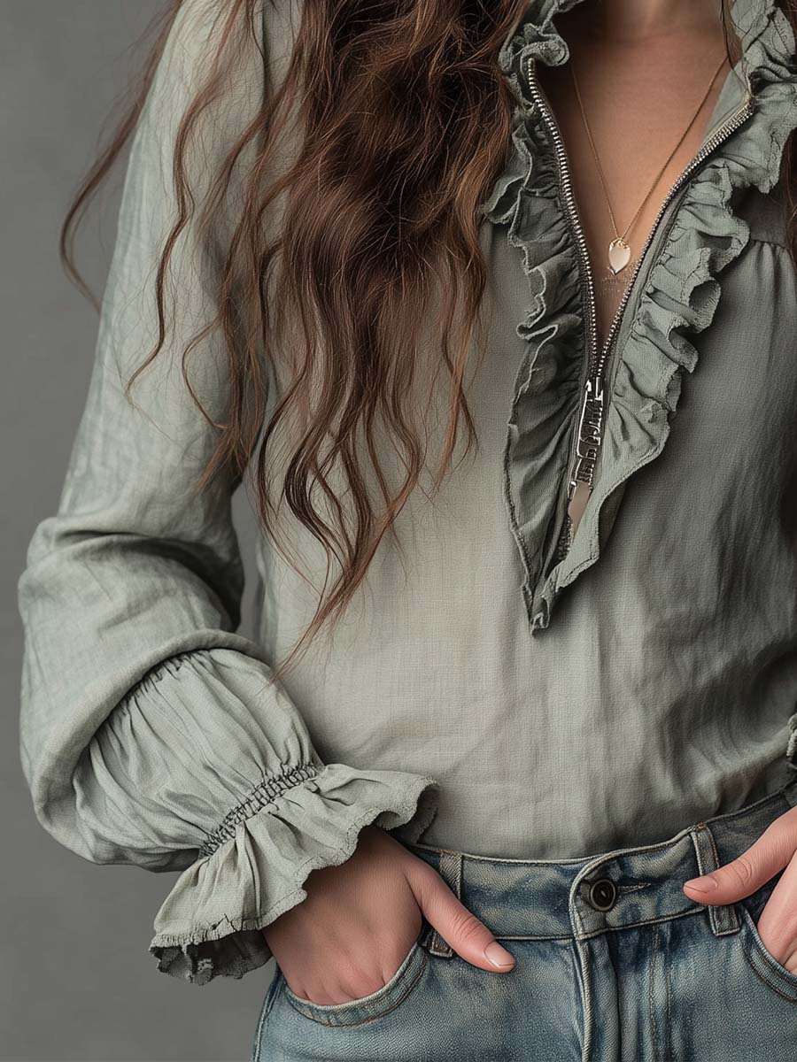 Vintage Ruffled Half-Zip Boho Blouse - Image 3
