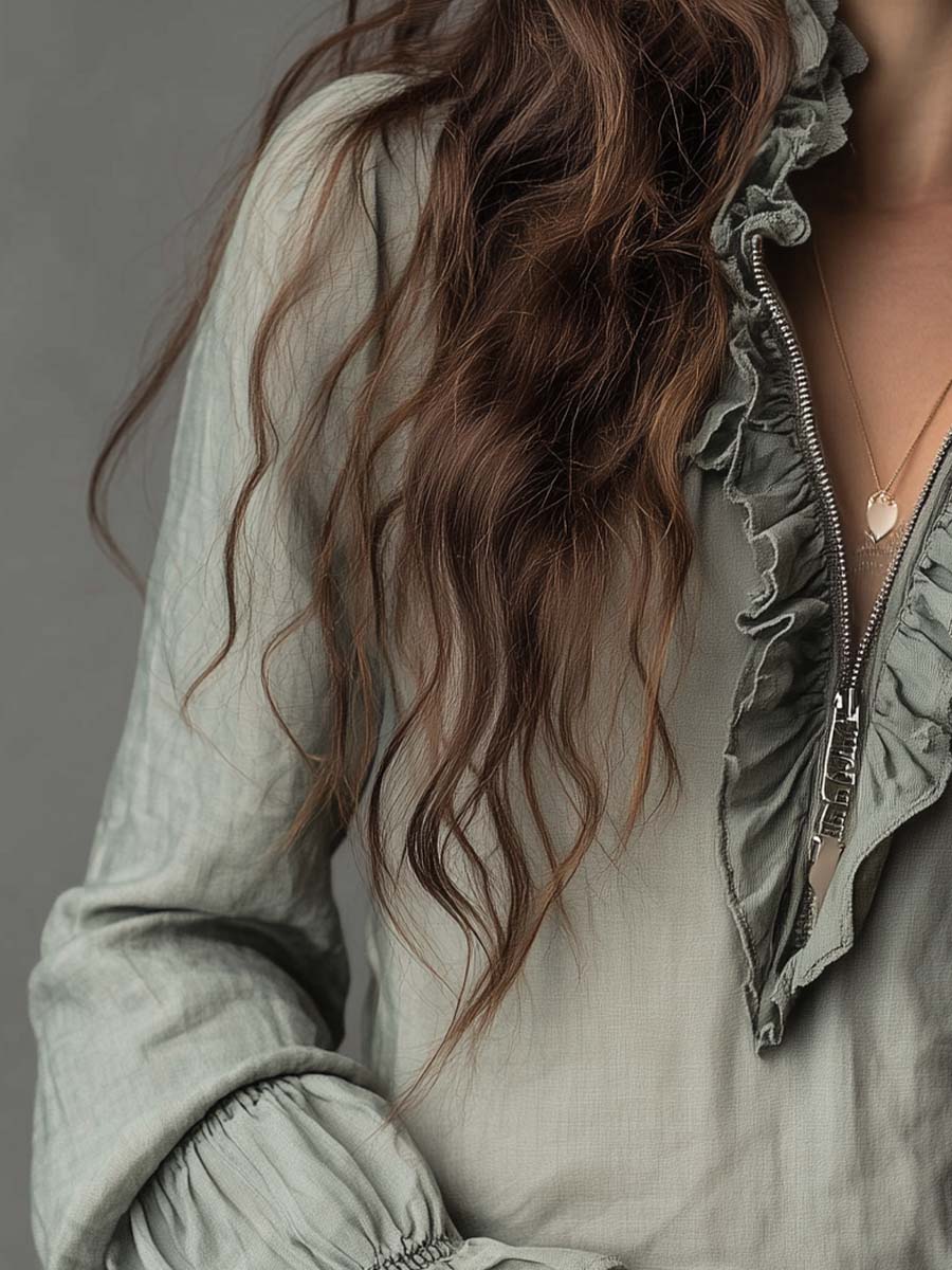 Vintage Ruffled Half-Zip Boho Blouse - Image 4