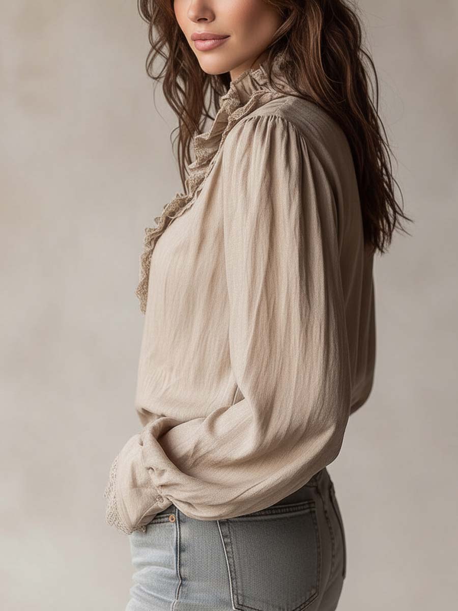 Vintage Ruffled Lace Trim Zip Blouse - Image 2