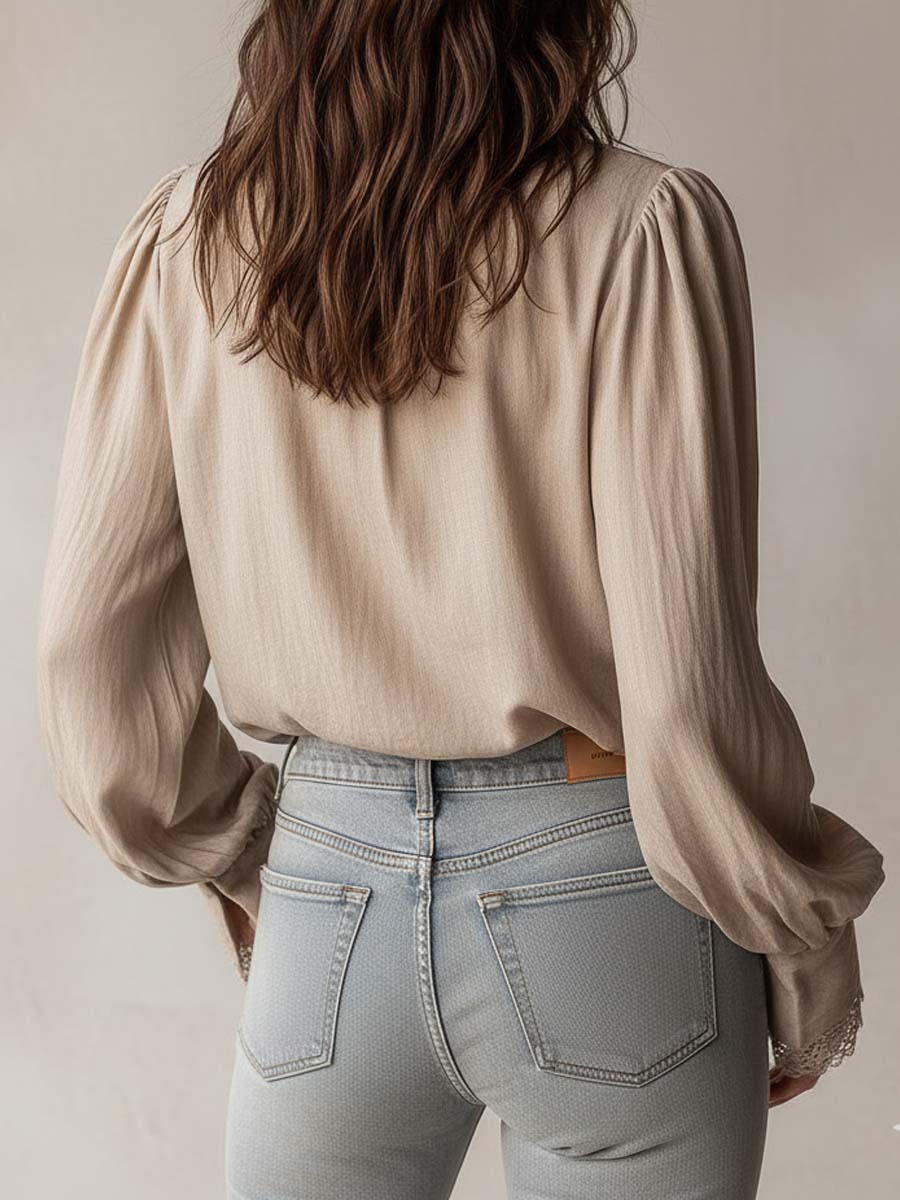 Vintage Ruffled Lace Trim Zip Blouse - Image 3