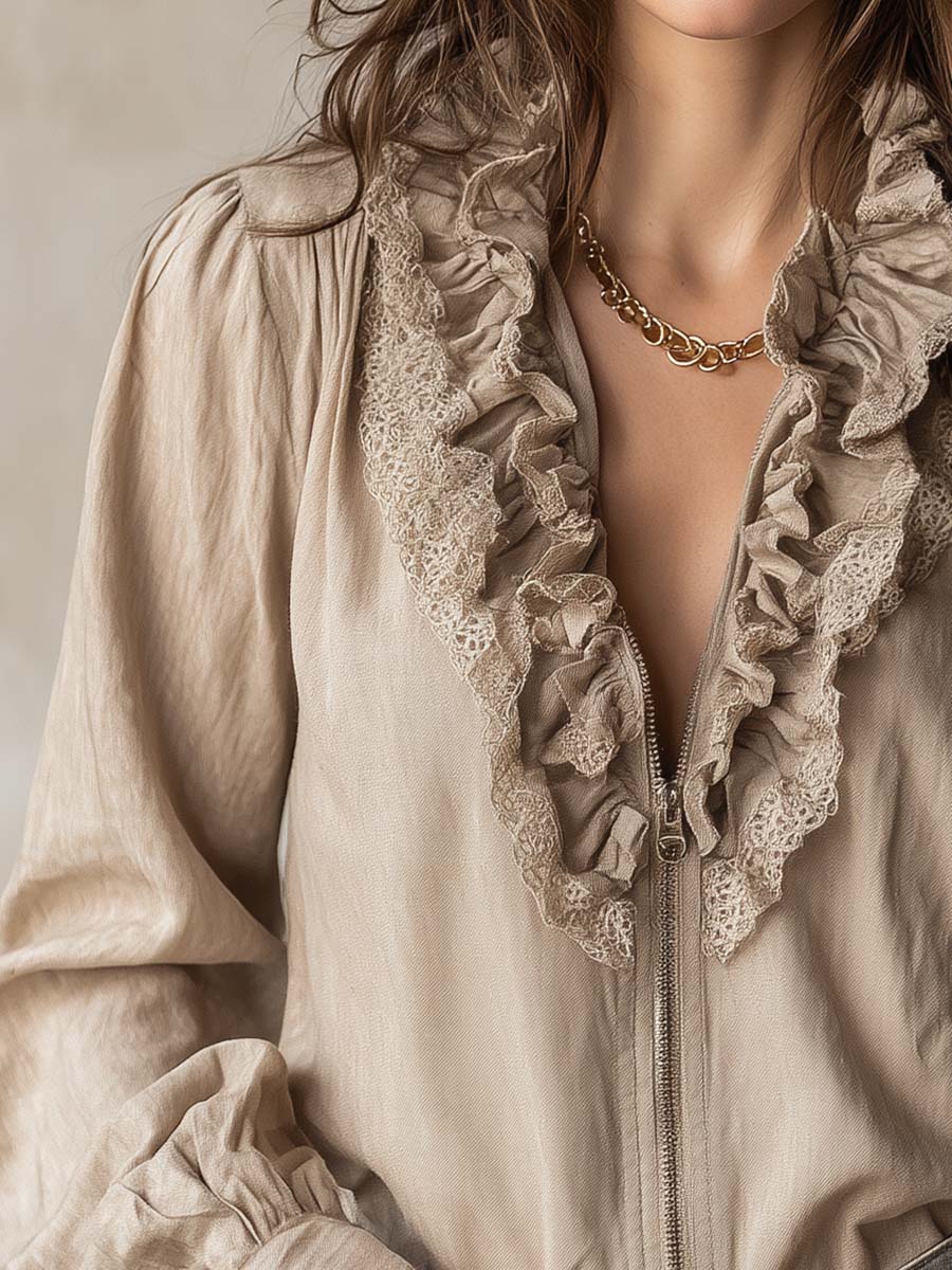 Vintage Ruffled Lace Trim Zip Blouse - Image 4
