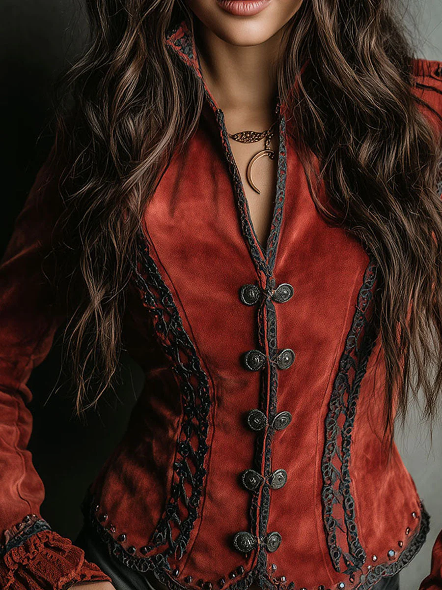 Vintage Rust Red Velvet Jacket With Lace Trim And Ruffled Cuffs - Image 2
