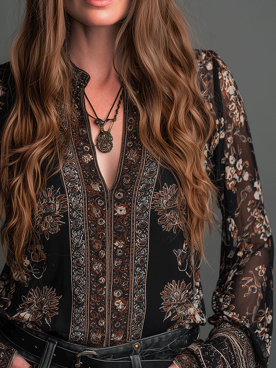 Vintage Sheer Boho Noir Floral Blouse - Image 2