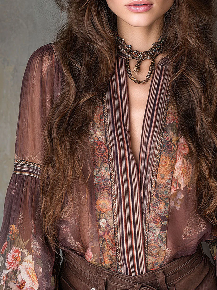 Vintage Sheer Floral Bohemian Blouse In Chocolate Mocha - Image 2