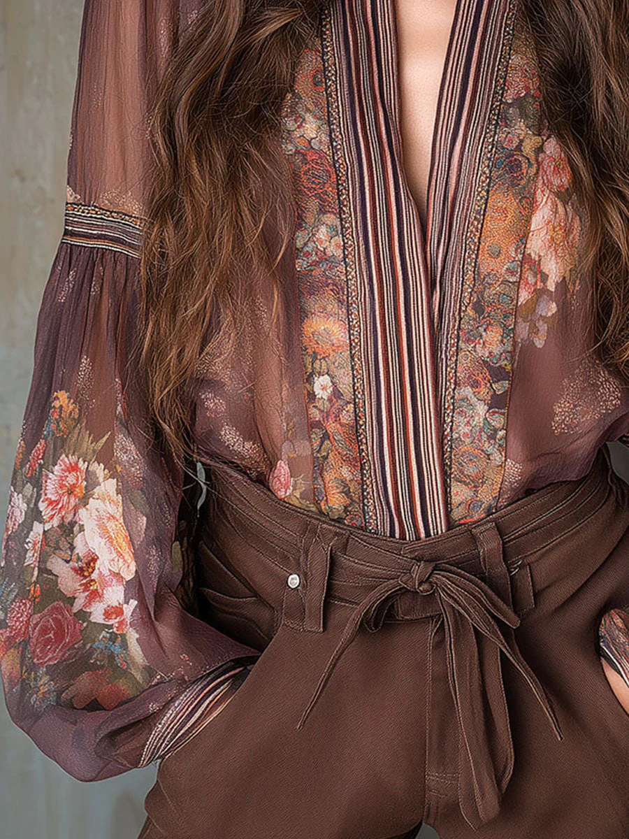 Vintage Sheer Floral Bohemian Blouse In Chocolate Mocha - Image 3