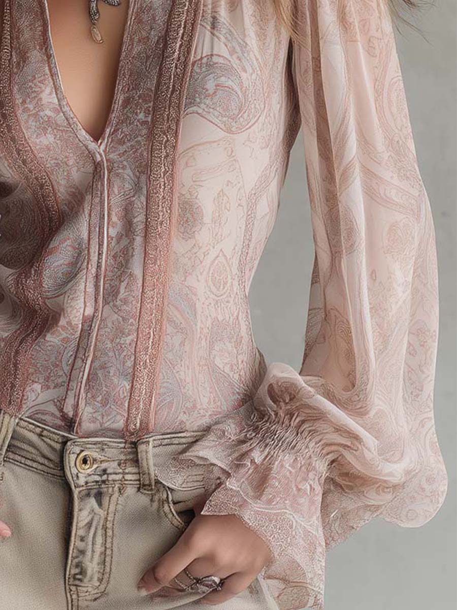 Vintage Sheer Paisley Lace Trim Blouse - Image 3