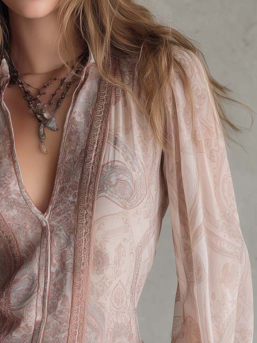 Vintage Sheer Paisley Lace Trim Blouse - Image 5