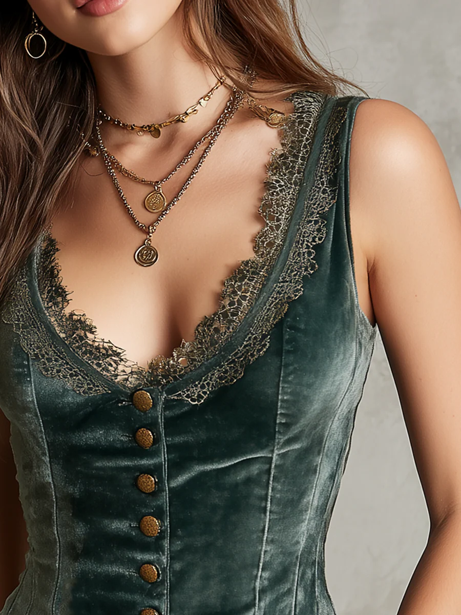 Vintage Sleeveless Lace Neck Velvet Vest - Image 3