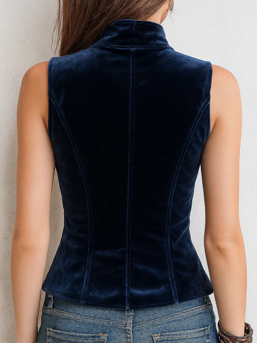Vintage Stand Collar Button Velvet Vest - Image 2