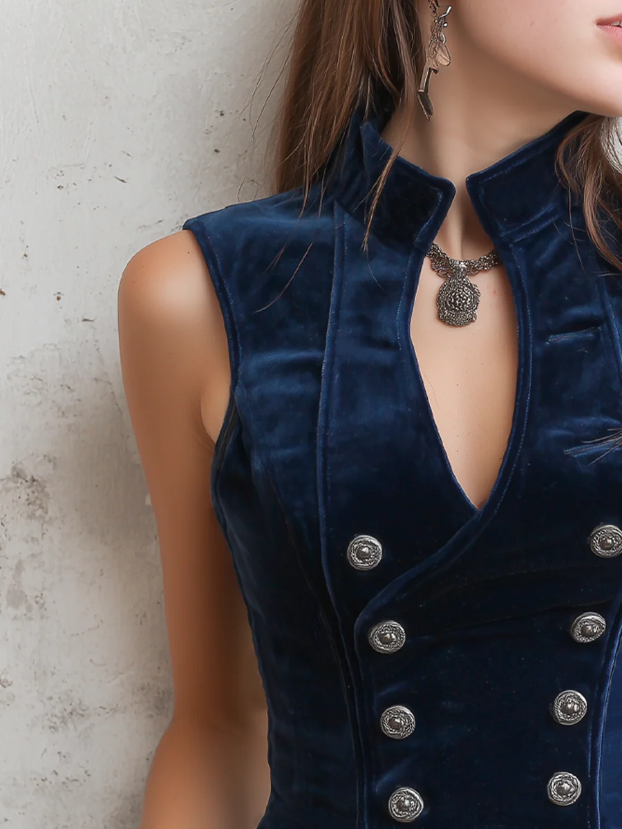 Vintage Stand Collar Button Velvet Vest - Image 3