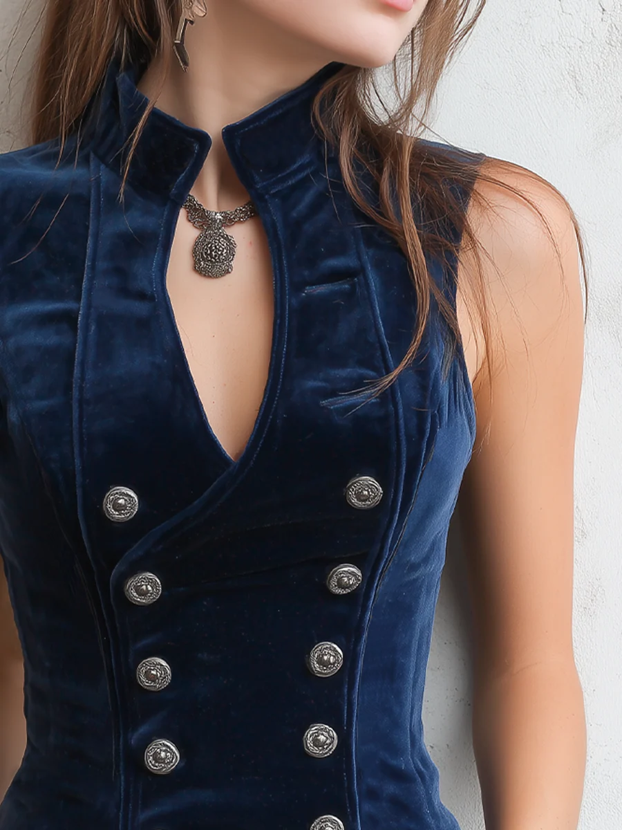 Vintage Stand Collar Button Velvet Vest - Image 4
