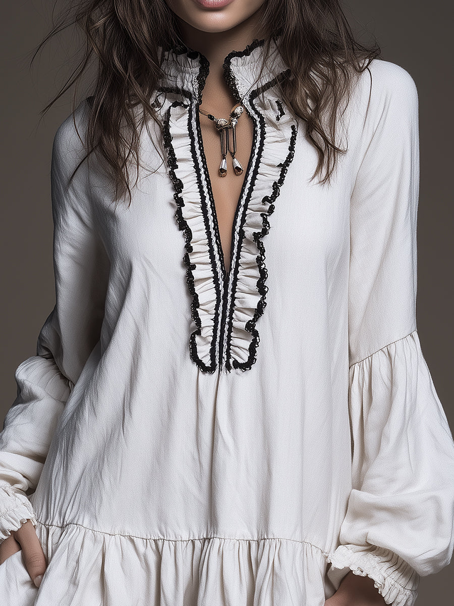 Vintage-style Cotton Blend Mini Dress With Ruffled Hem - Image 2