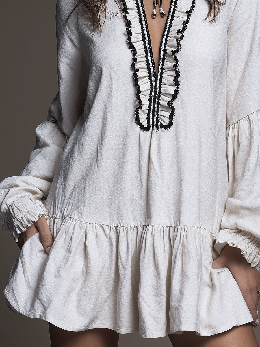 Vintage-style Cotton Blend Mini Dress With Ruffled Hem - Image 3