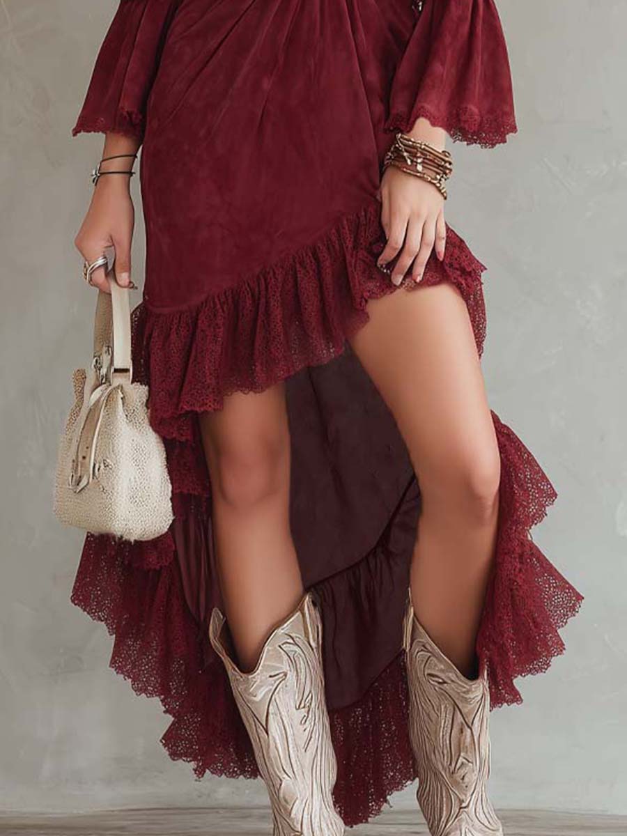 Vintage-style Irregular Hem Lace Trim Polyester Suede Midi Dress - Image 3