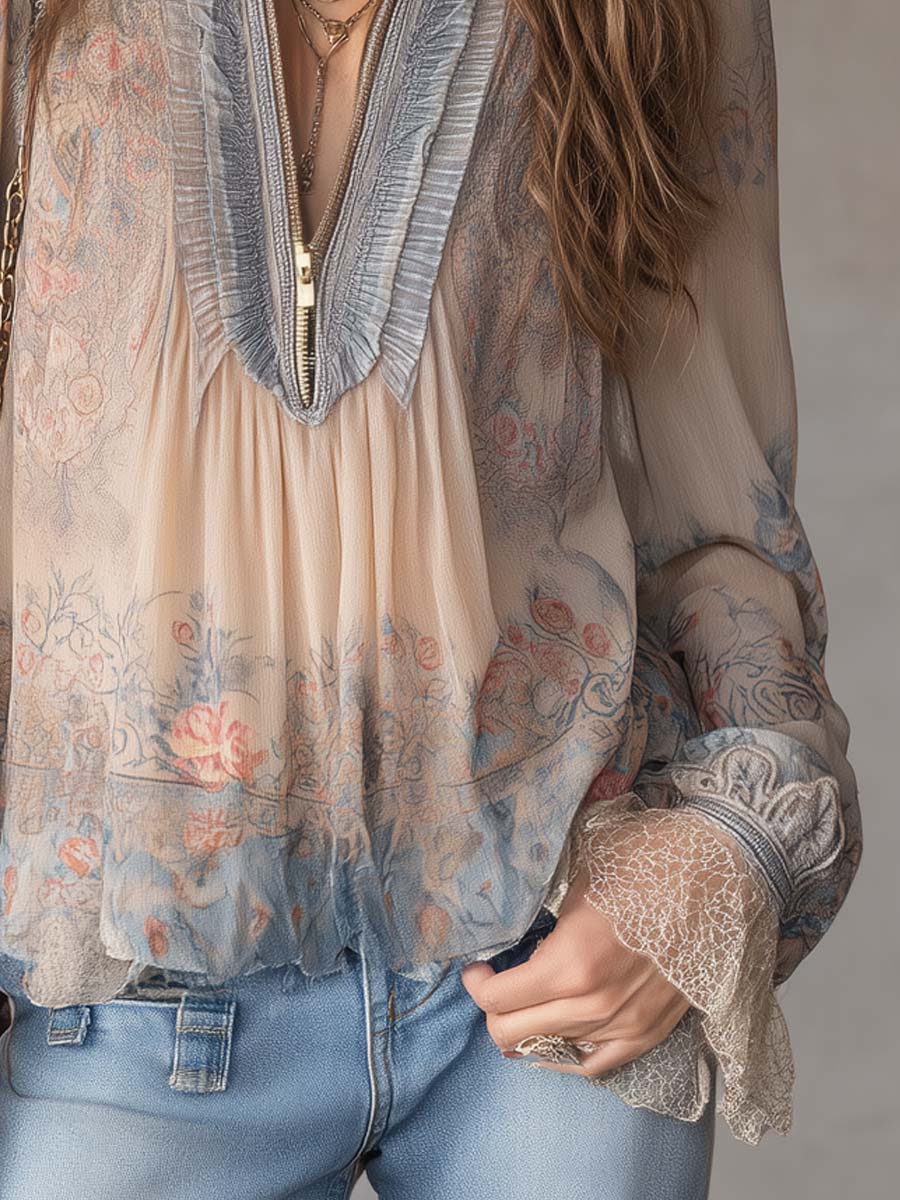 Vintage-style Ruffled Collar Floral Chiffon Blouse - Image 2