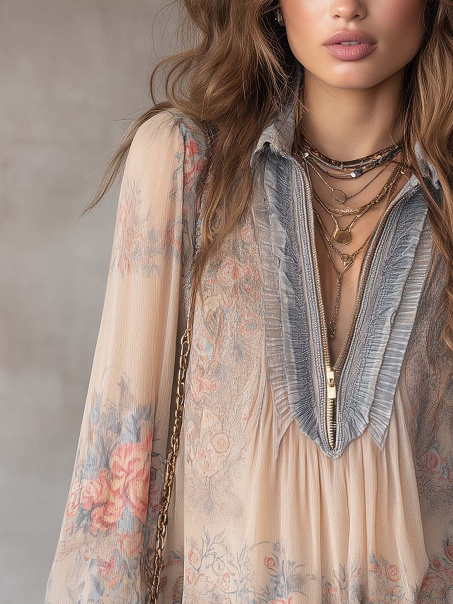 Vintage-style Ruffled Collar Floral Chiffon Blouse - Image 3