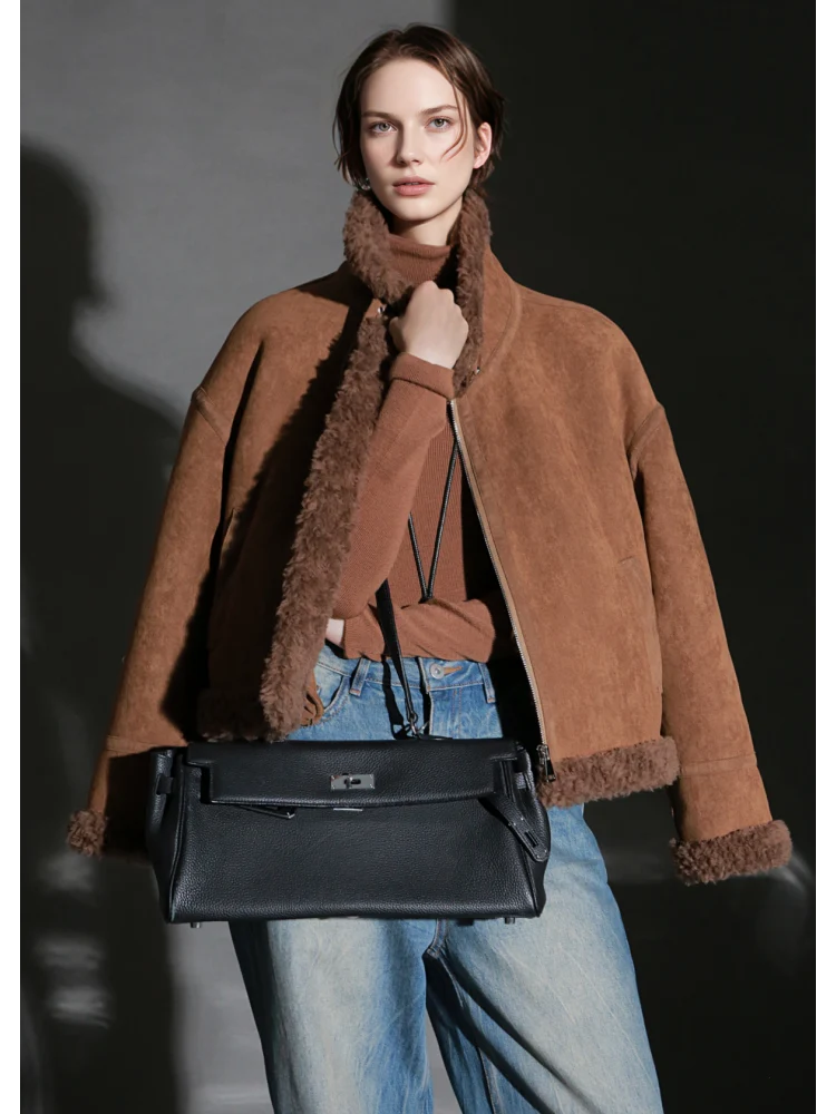 Vintage Suede Faux Shearling Jacket for Women – Short Stand Collar Plush Coat with Strap Detail, Thick Warm Winter Outerwear - Image 2