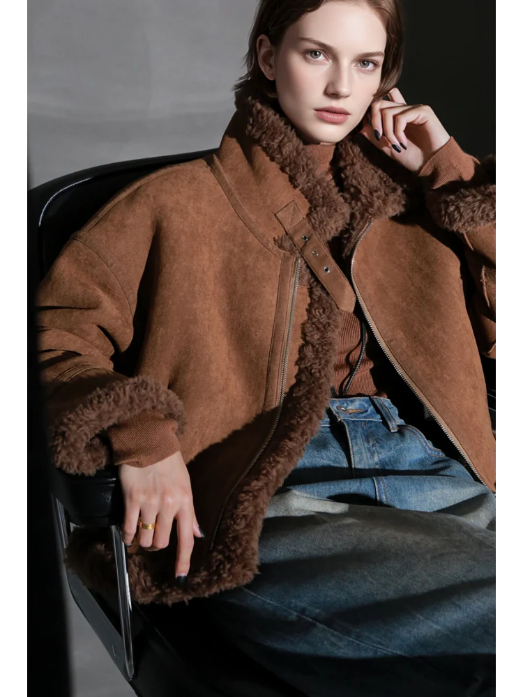 Vintage Suede Faux Shearling Jacket for Women – Short Stand Collar Plush Coat with Strap Detail, Thick Warm Winter Outerwear - Image 3