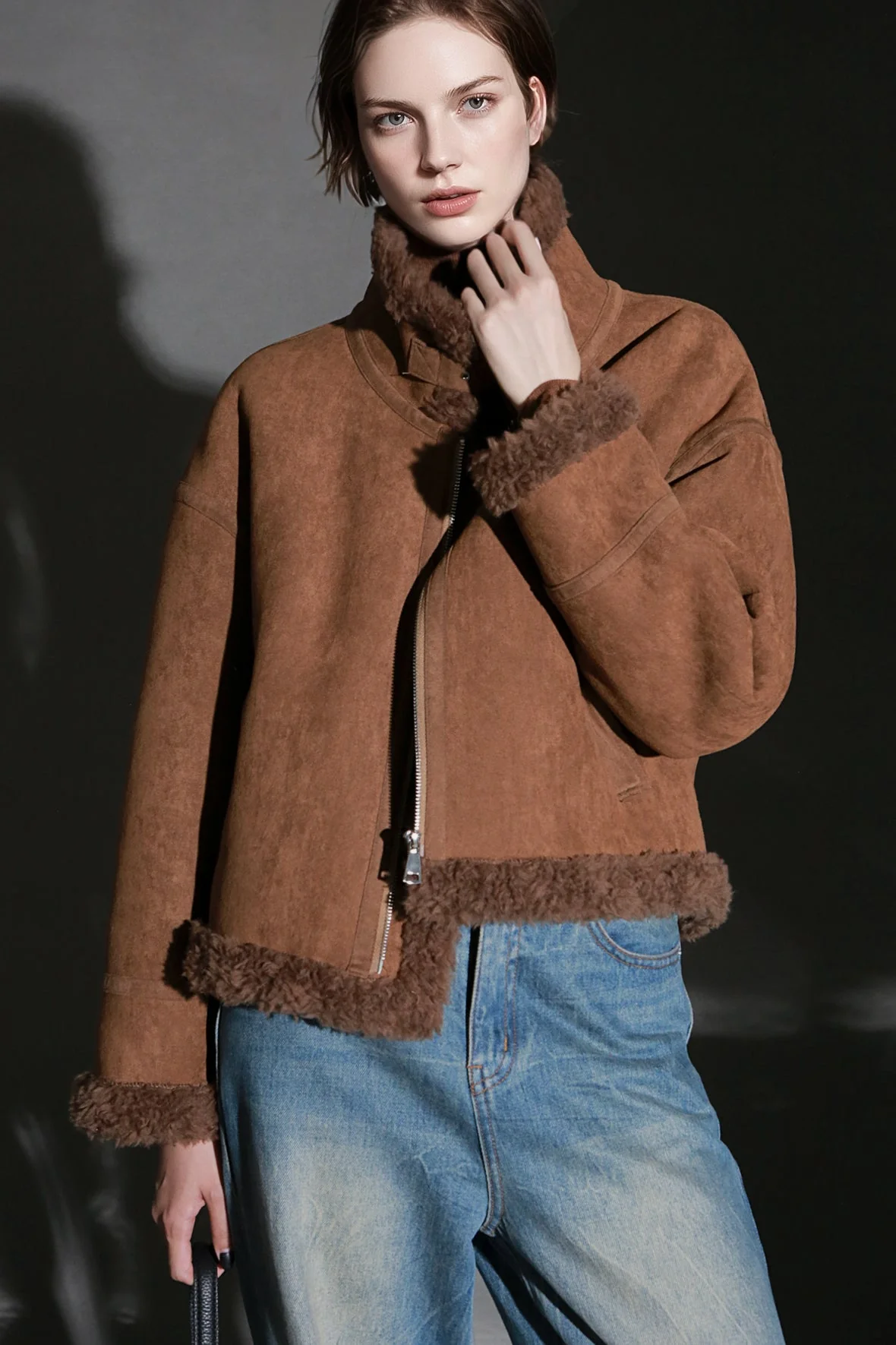 Vintage Suede Faux Shearling Jacket for Women – Short Stand Collar Plush Coat with Strap Detail, Thick Warm Winter Outerwear - Image 5