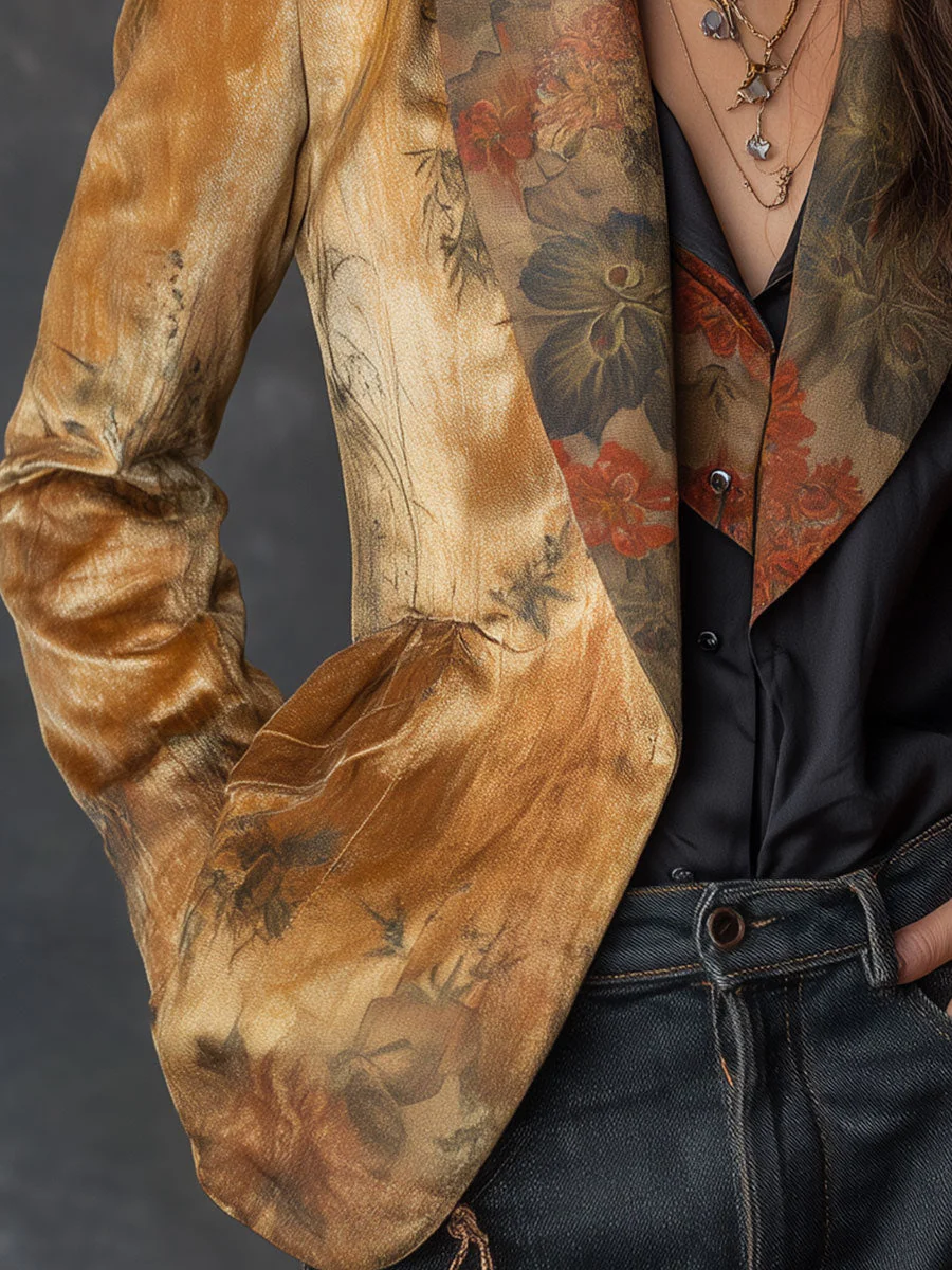 Vintage Suede Oil Painting Flower Print Lapel Blazer - Image 2