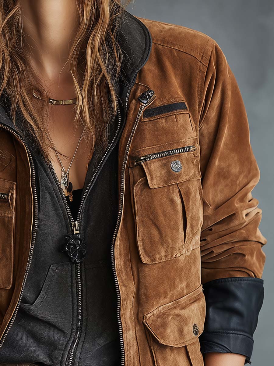 Vintage Suede Utility Jacket With Leather Trim - Image 2