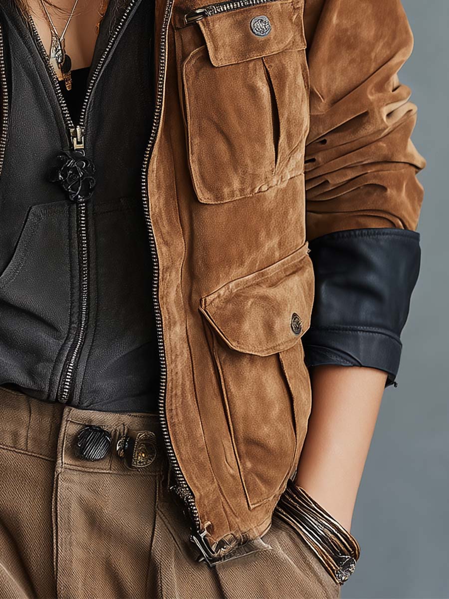 Vintage Suede Utility Jacket With Leather Trim - Image 3