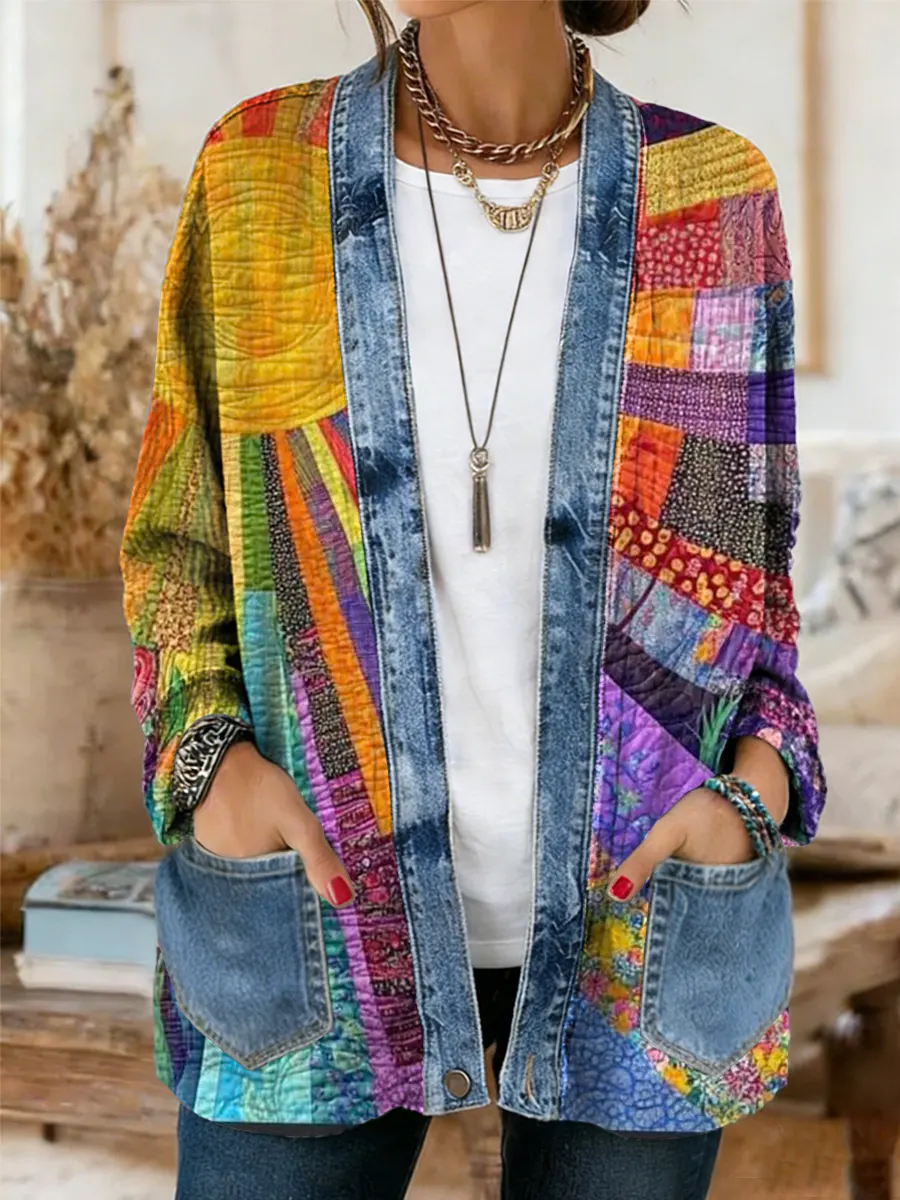 Vintage Sun Patchwork Women's Casual Long Sleeve Comfortable Denim Mix Cardigan