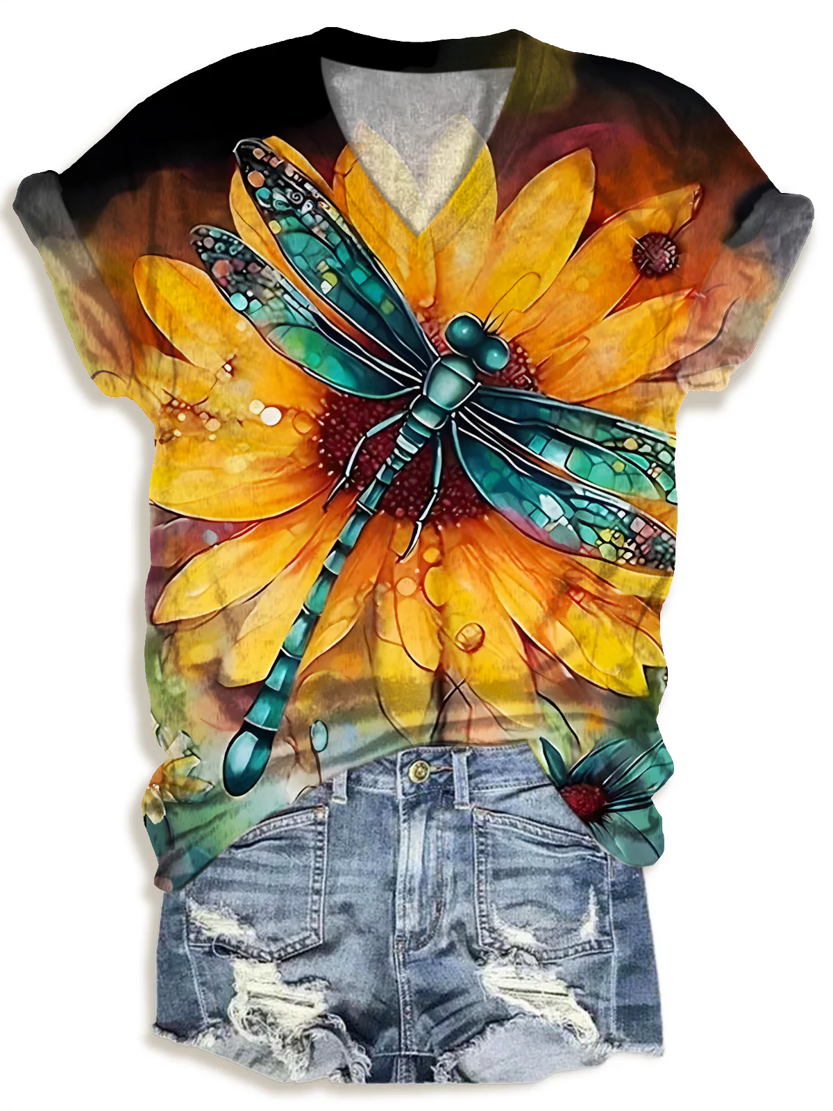 Vintage Sunflower Dragonfly Art V-neck T-Shirt