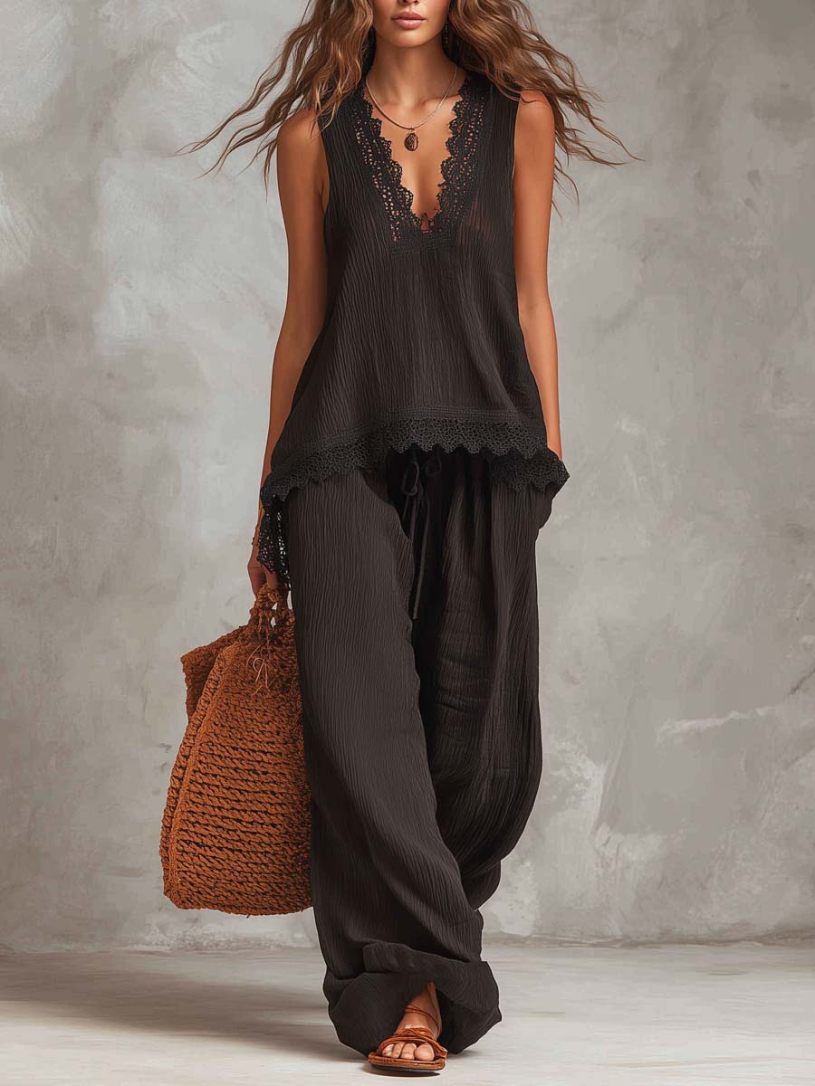 Vintage Textured Lace Trim Tank Top - Image 2