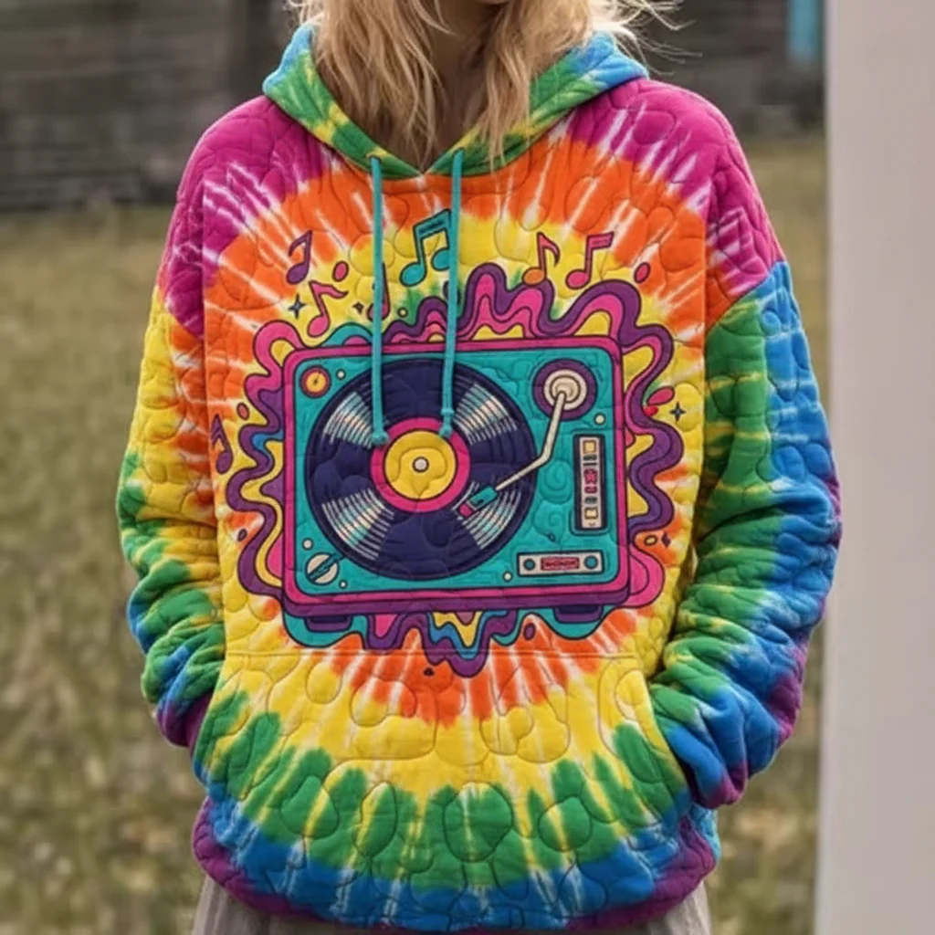 Vintage Turntable Quilted Hoodie - Retro Music Festival Sweatshirt