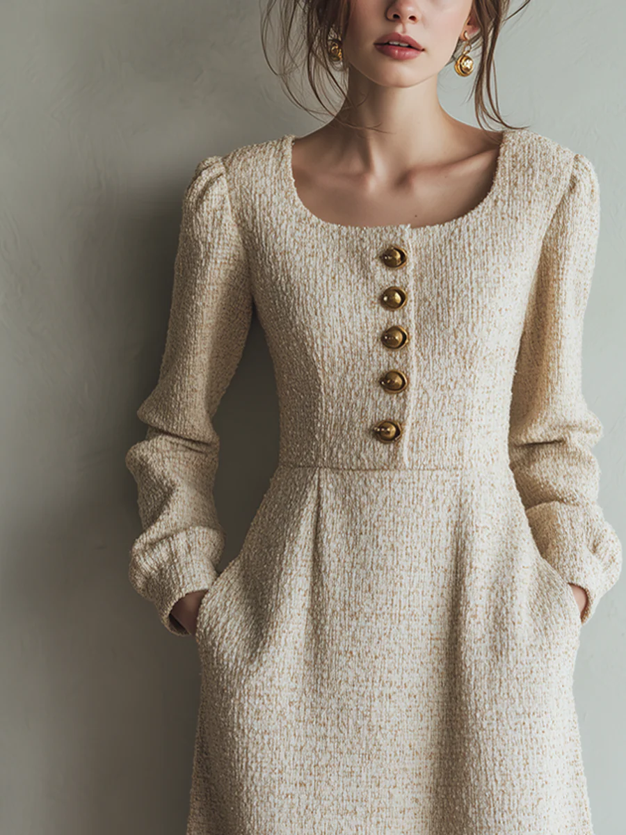 Vintage Tweed Button Long Sleeve Midi Dress - Image 2
