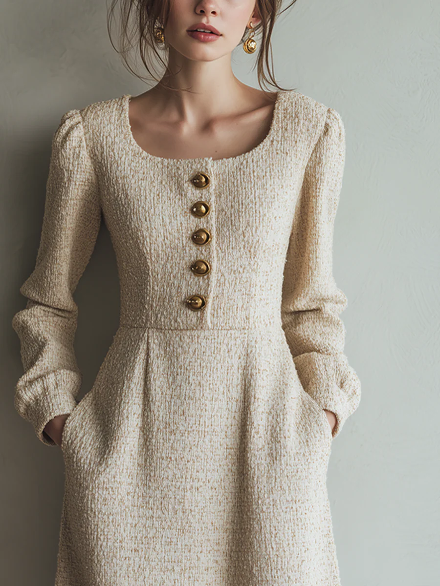 Vintage Tweed Button Long Sleeve Midi Dress - Image 3