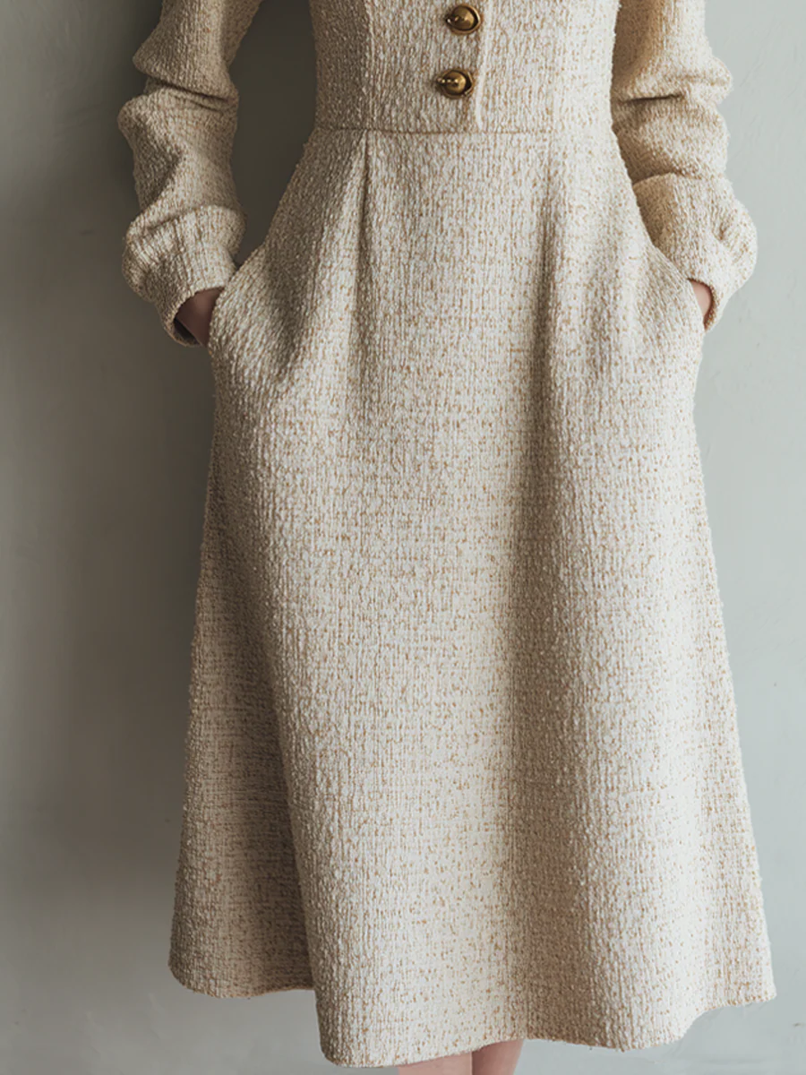 Vintage Tweed Button Long Sleeve Midi Dress - Image 4