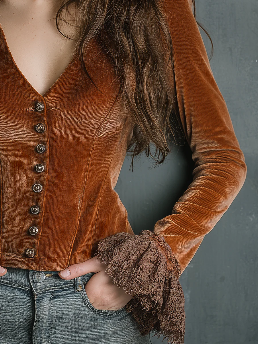 Vintage V-neck Lace Cuffs Poly Velvet Blouse - Image 5